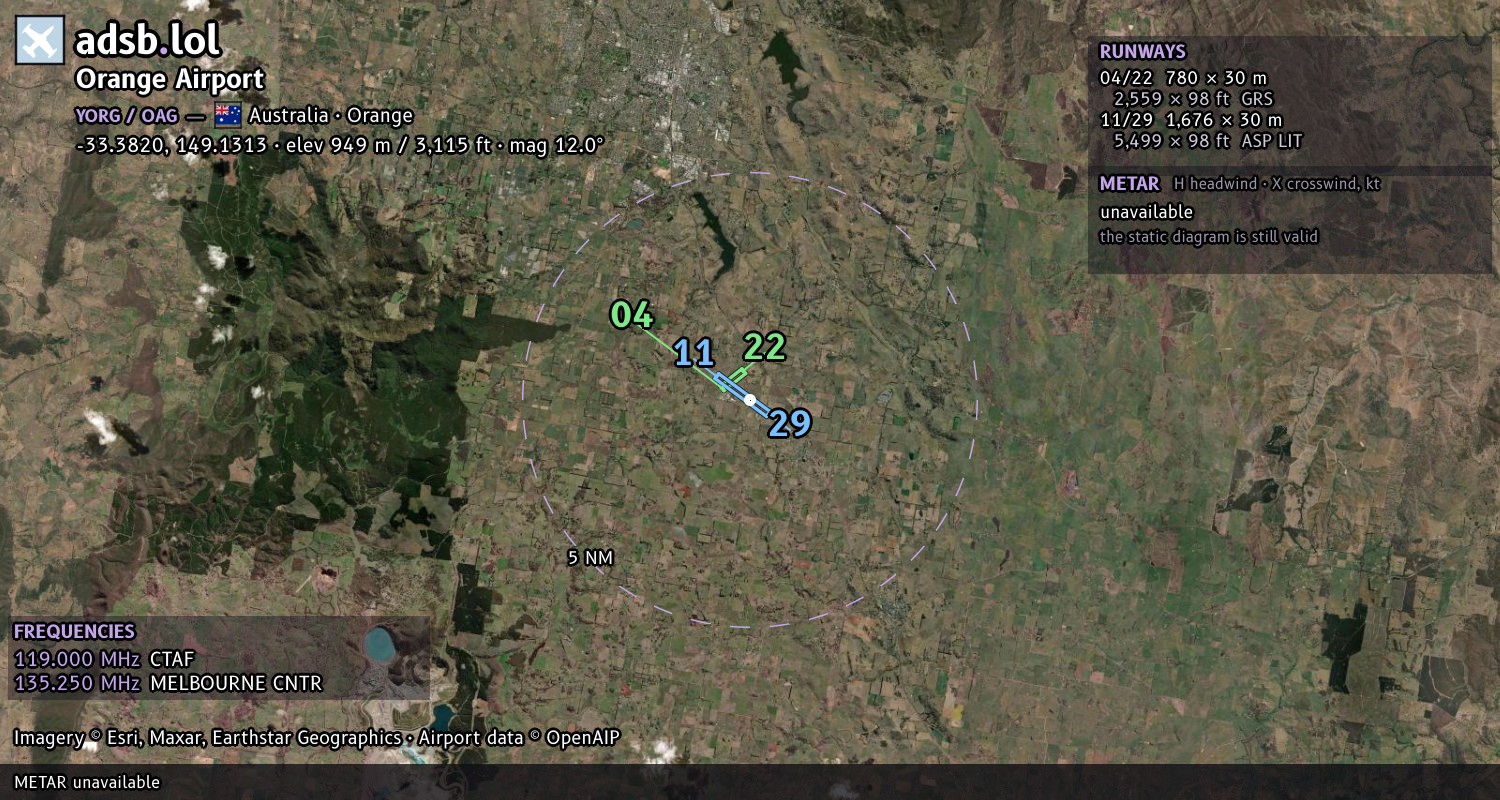 Satellite map with the runway layout of Orange Airport (YORG)