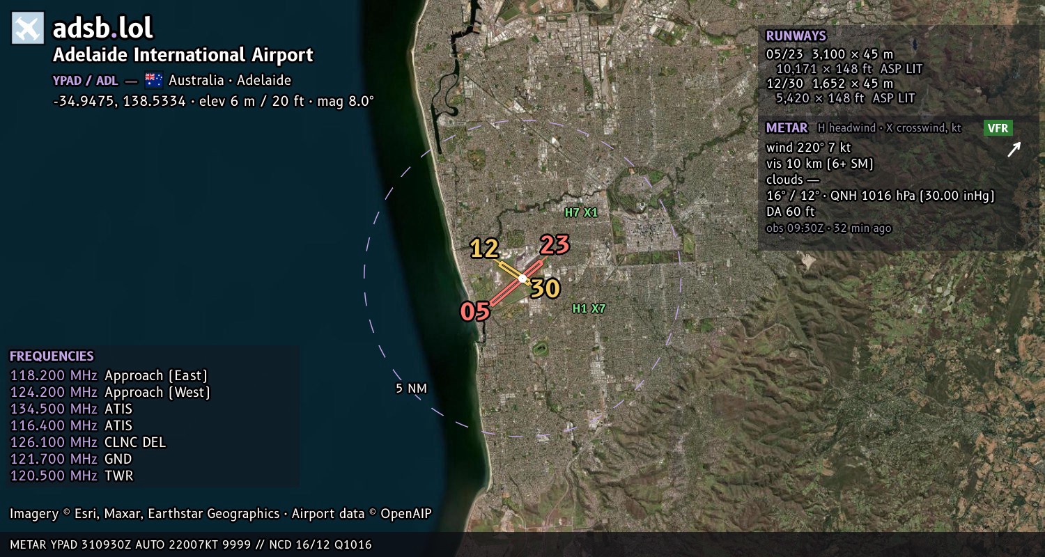 Satellite map with the runway layout of Adelaide International Airport (YPAD)