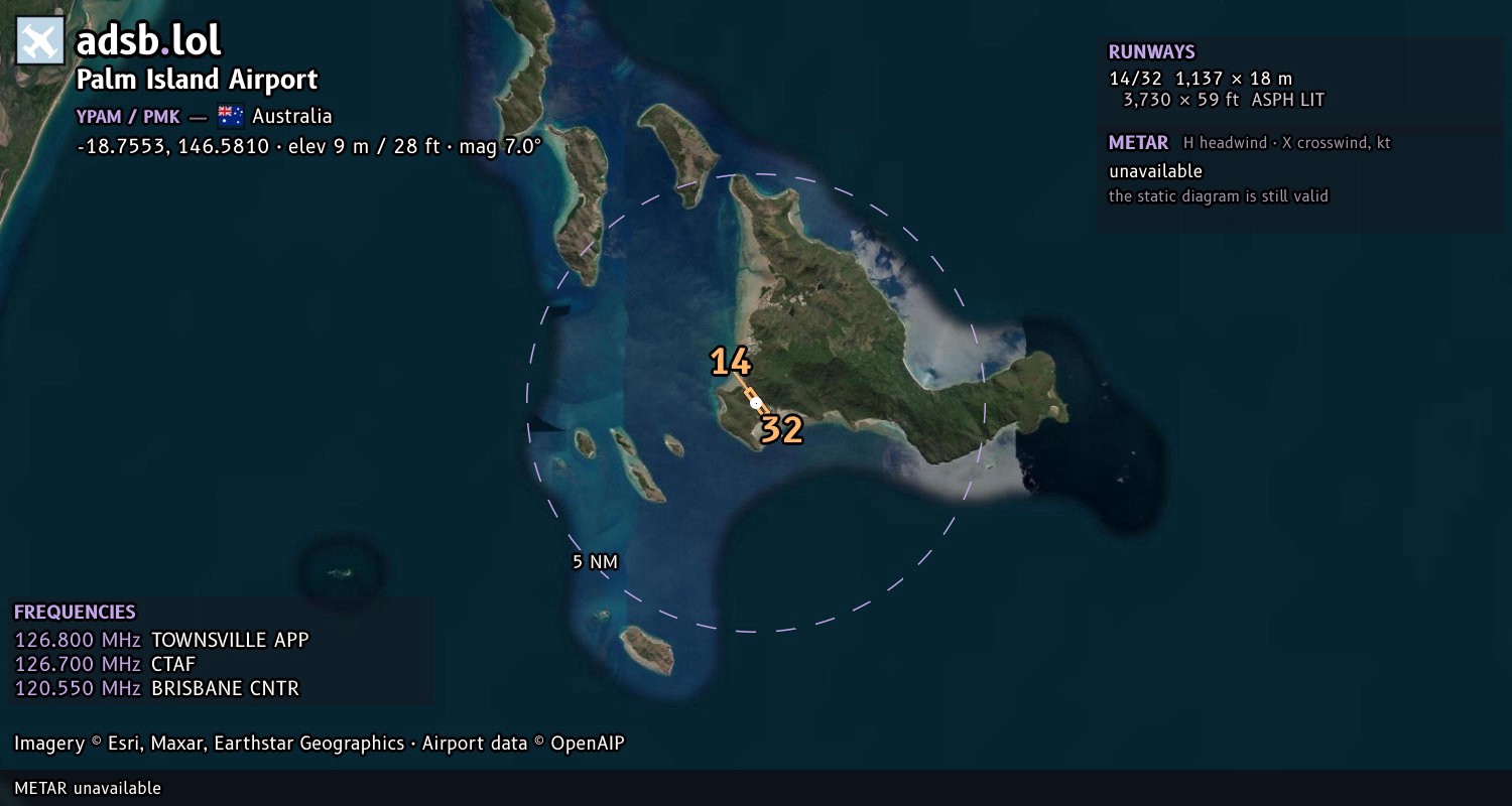 Satellite map with the runway layout of Palm Island Airport (YPAM)