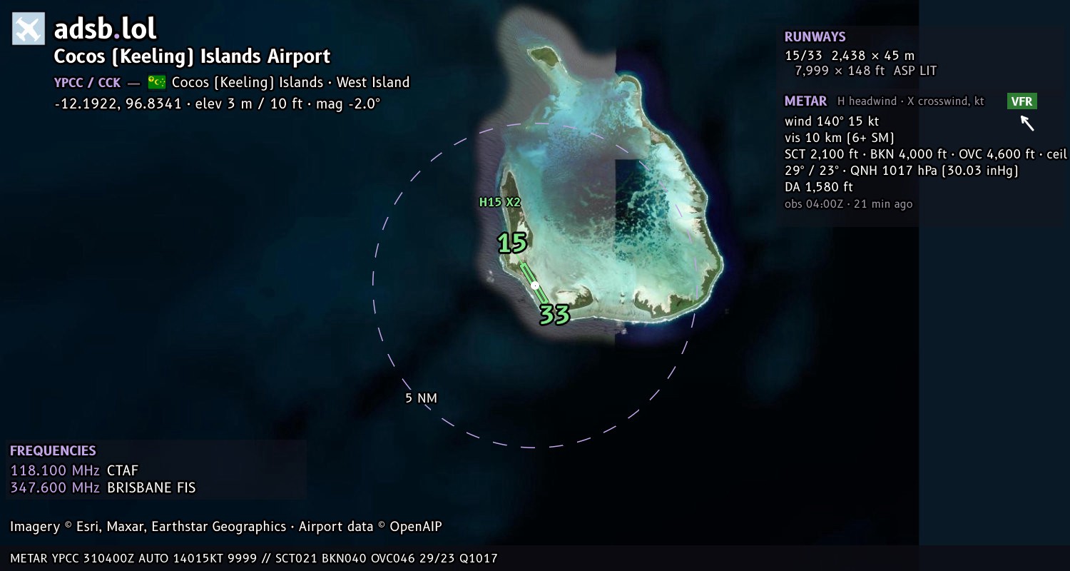 Satellite map with the runway layout of Cocos (Keeling) Islands Airport (YPCC)