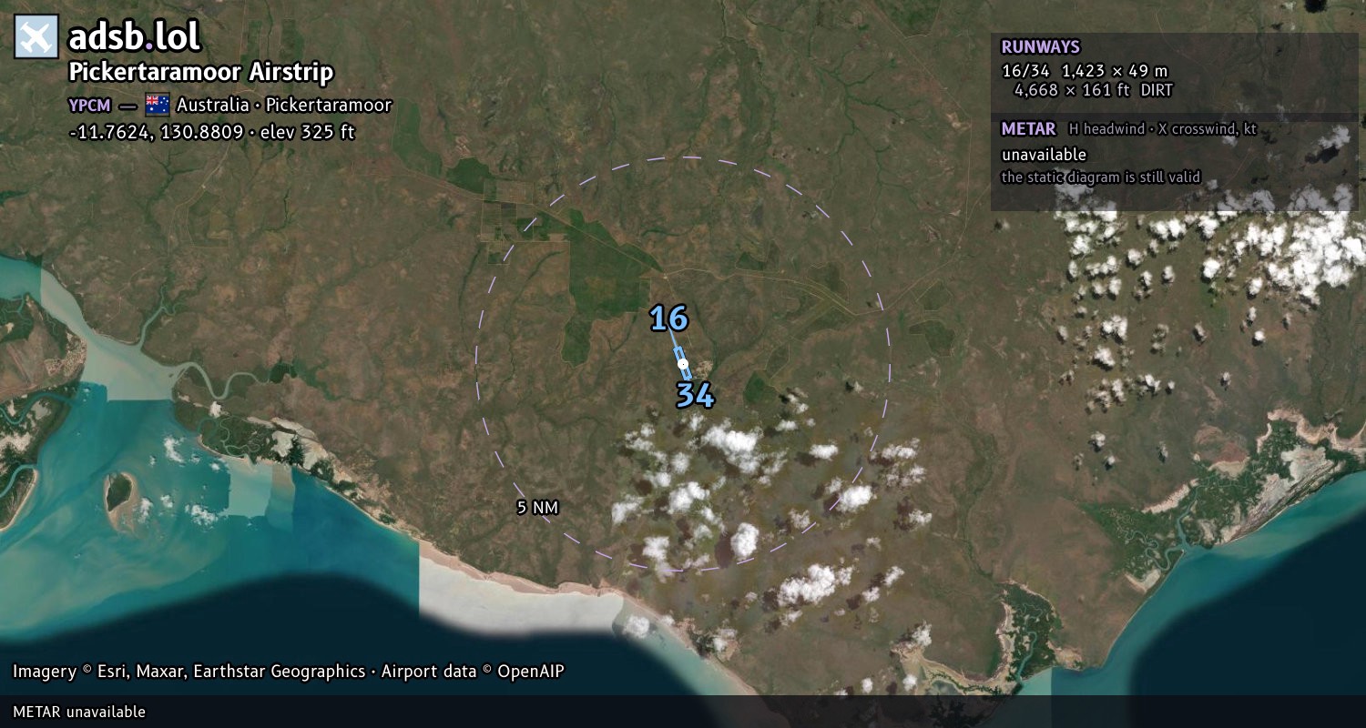 Satellite map with the runway layout of Pickertaramoor Airstrip (YPCM)