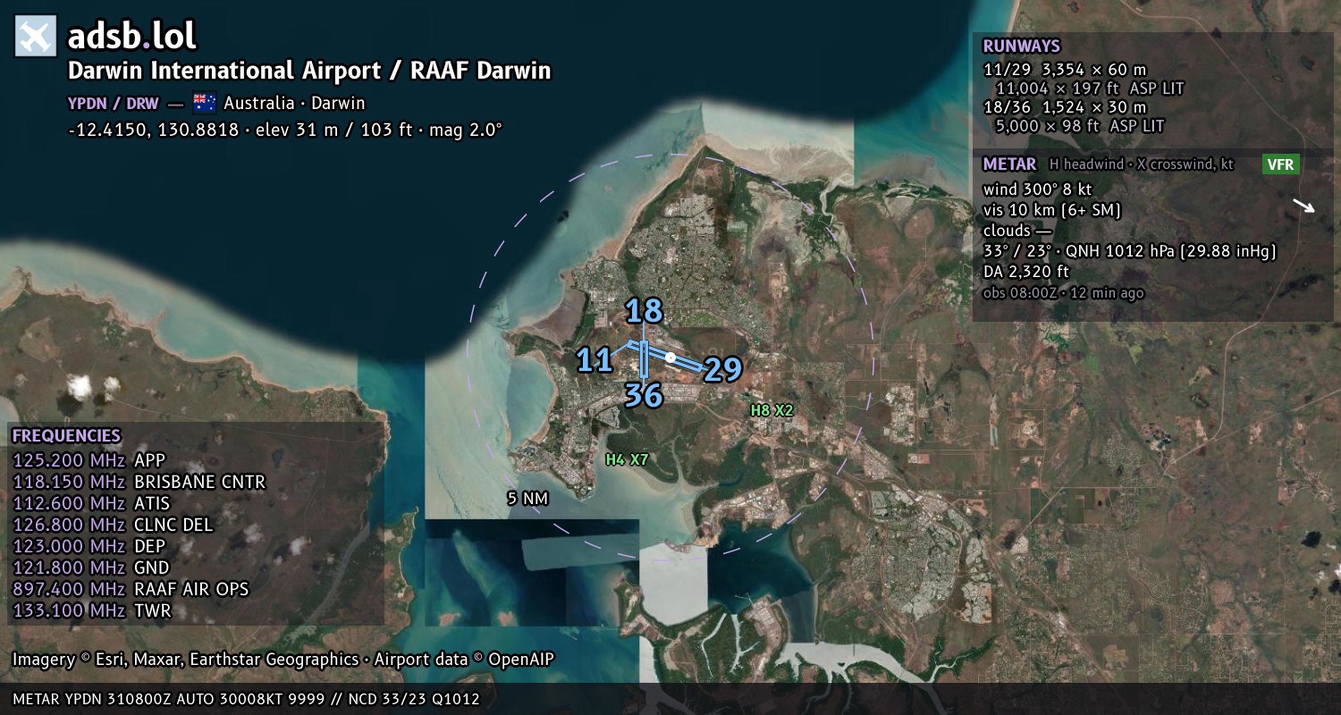 Satellite map with the runway layout of Darwin International Airport / RAAF Darwin (YPDN)