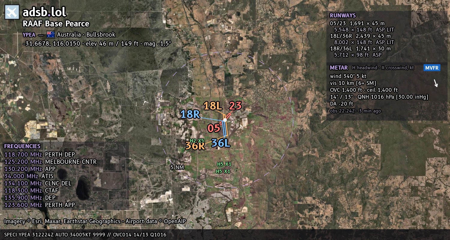 Satellite map with the runway layout of RAAF Base Pearce (YPEA)