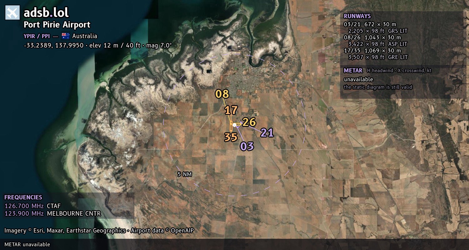 Satellite map with the runway layout of Port Pirie Airport (YPIR)