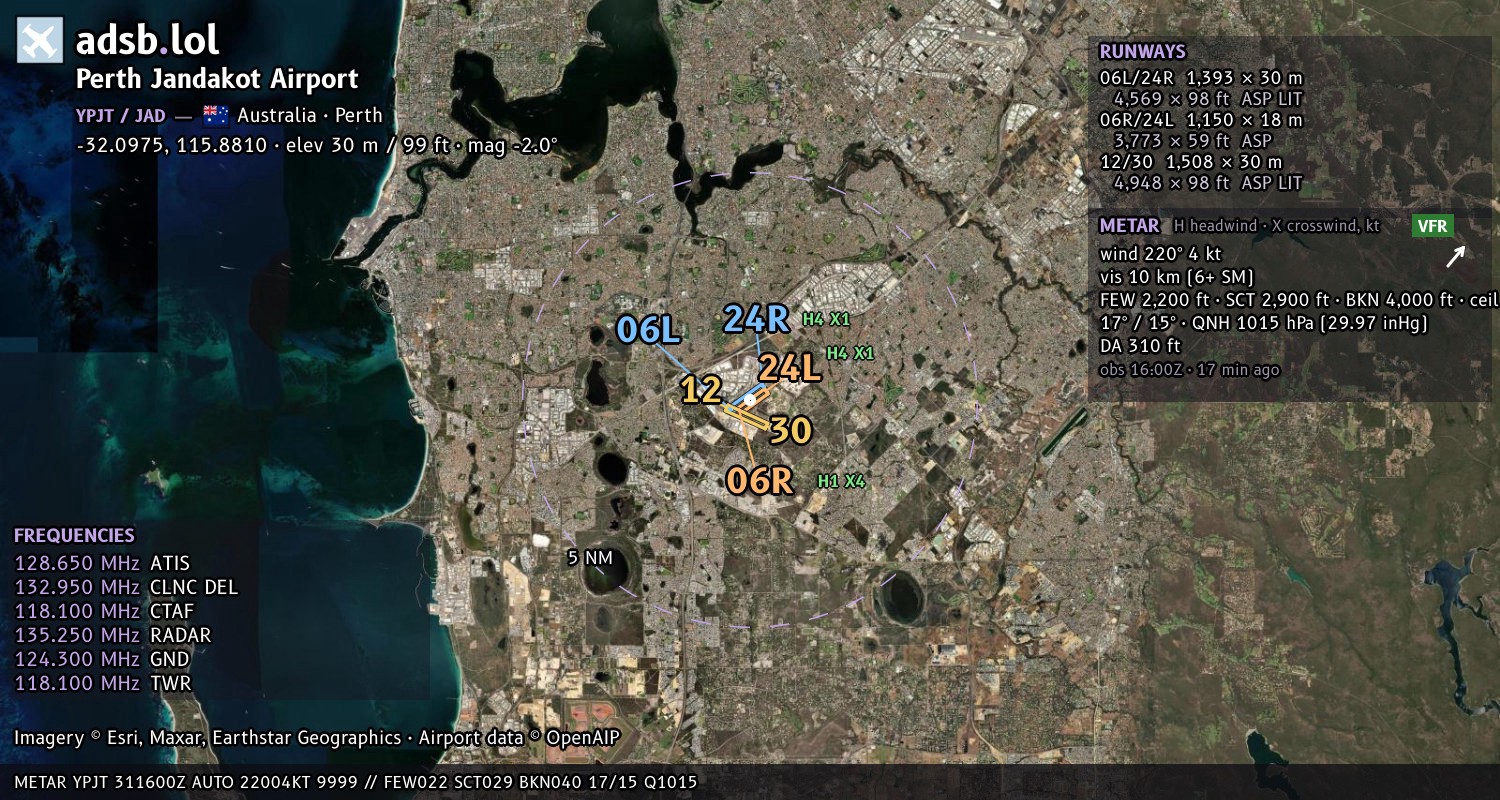 Satellite map with the runway layout of Perth Jandakot Airport (YPJT)