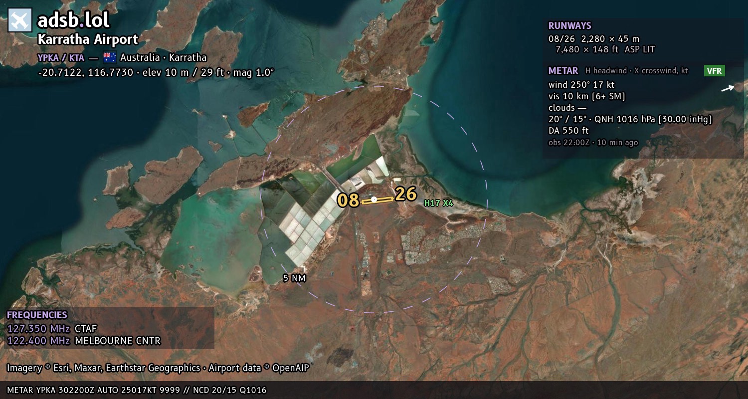 Satellite map with the runway layout of Karratha Airport (YPKA)