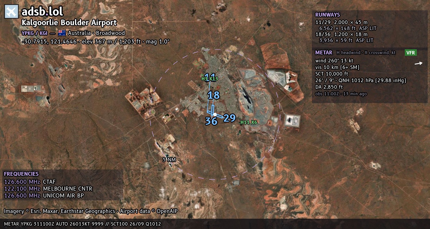 Satellite map with the runway layout of Kalgoorlie Boulder Airport (YPKG)