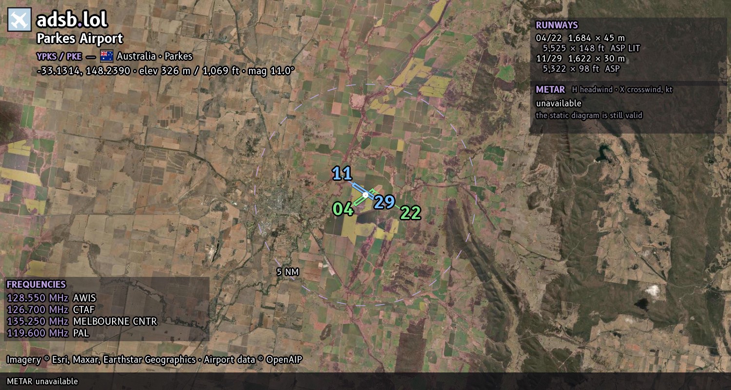Satellite map with the runway layout of Parkes Airport (YPKS)