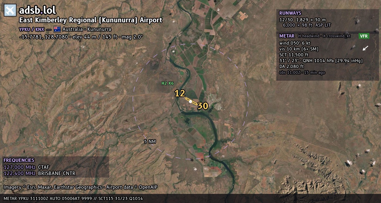 Satellite map with the runway layout of East Kimberley Regional (Kununurra) Airport (YPKU)