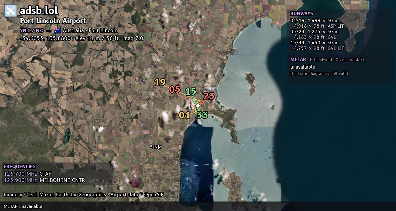 Satellite map with the runway layout of Port Lincoln Airport (YPLC)