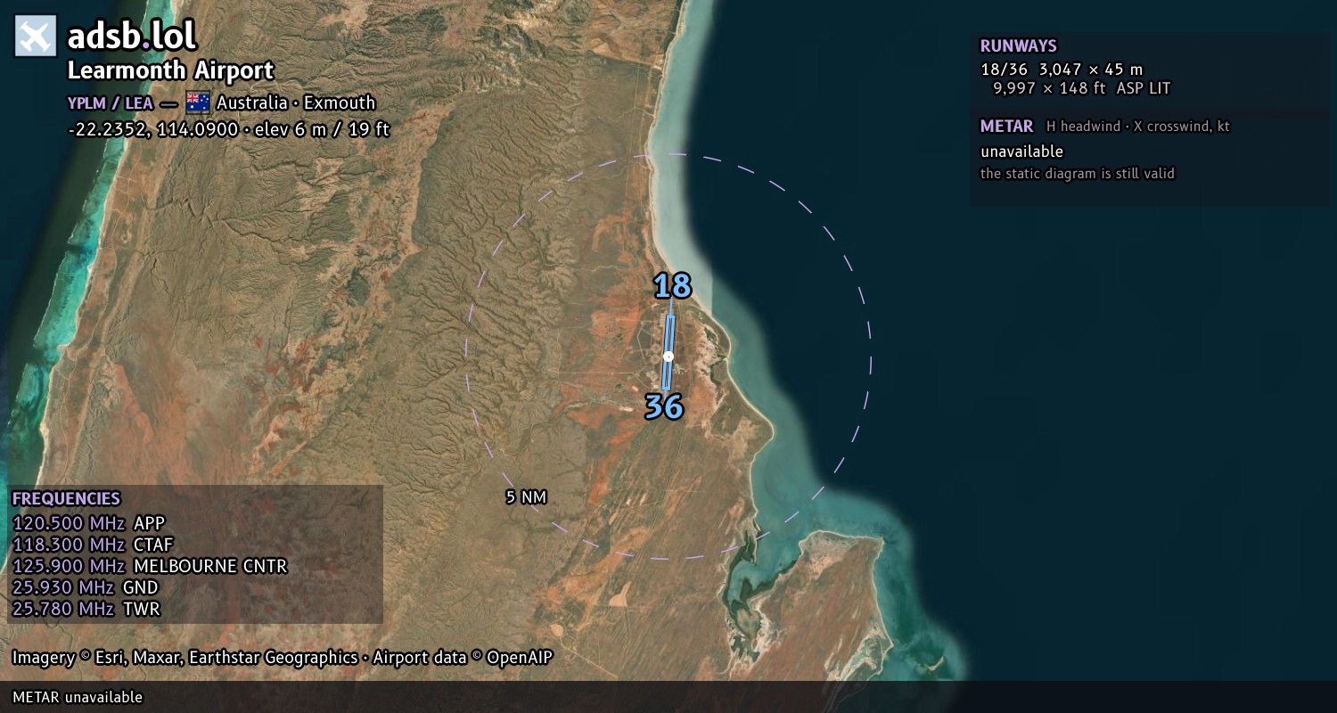 Satellite map with the runway layout of Learmonth Airport (YPLM)
