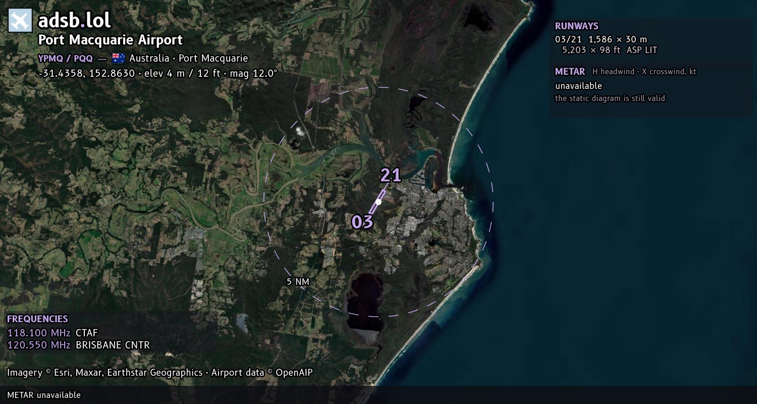 Satellite map with the runway layout of Port Macquarie Airport (YPMQ)