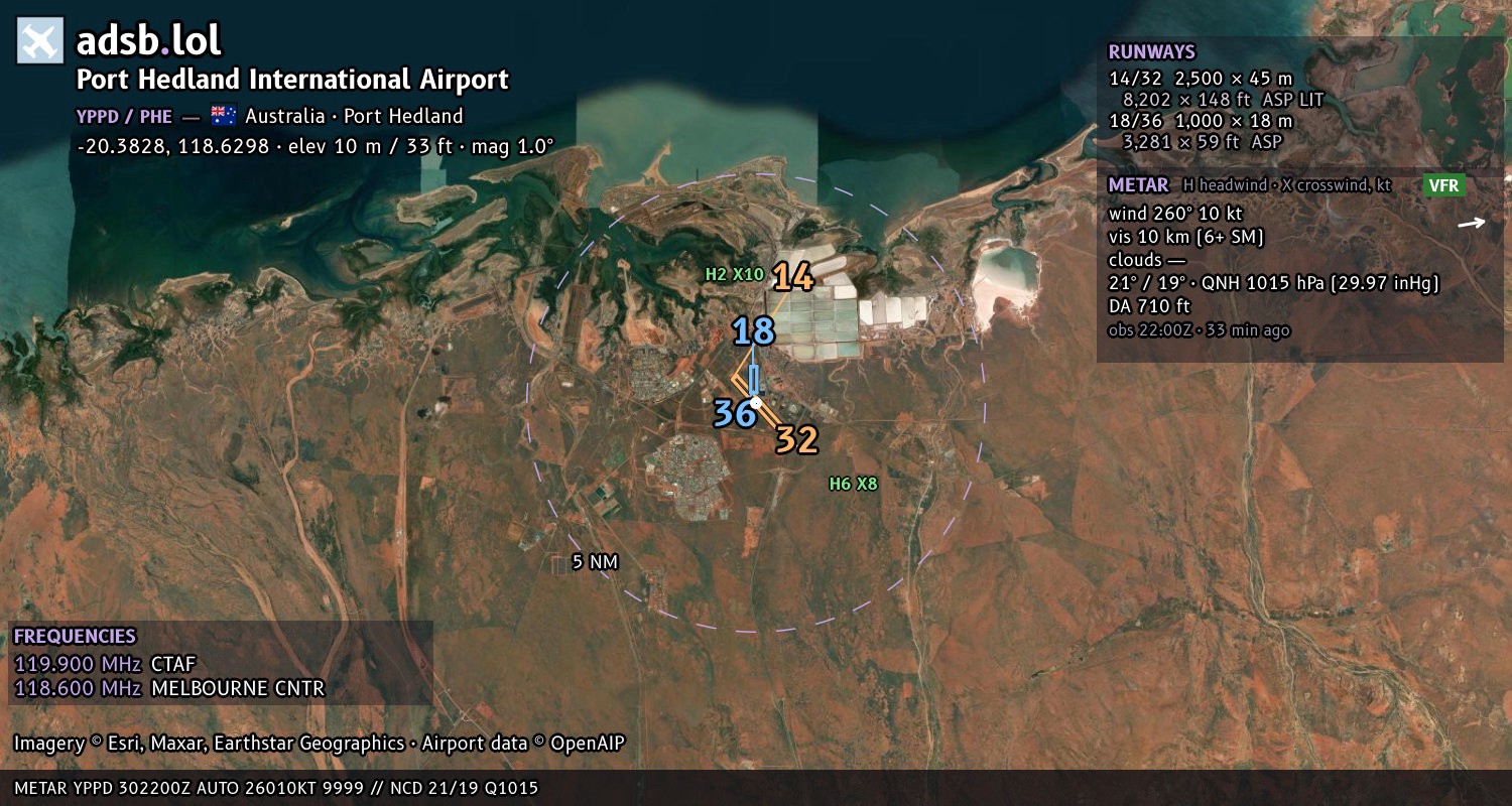 Satellite map with the runway layout of Port Hedland International Airport (YPPD)