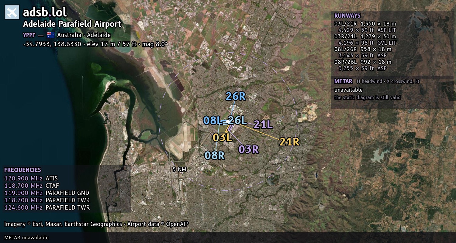 Satellite map with the runway layout of Adelaide Parafield Airport (YPPF)