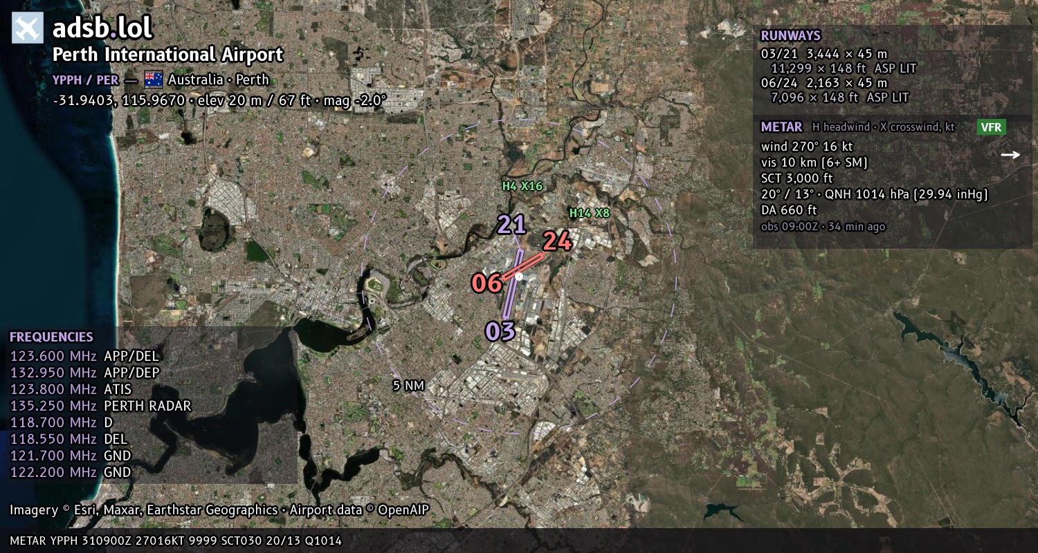 Satellite map with the runway layout of Perth International Airport (YPPH)