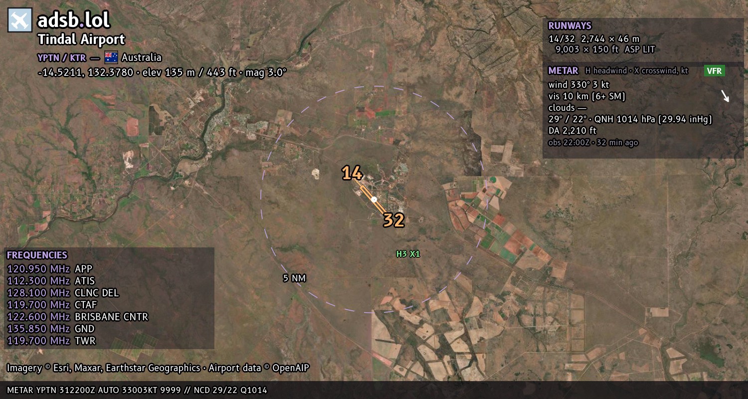 Satellite map with the runway layout of Tindal Airport (YPTN)