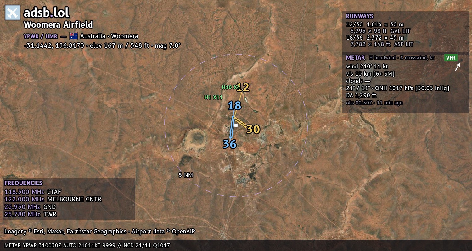 Satellite map with the runway layout of Woomera Airfield (YPWR)