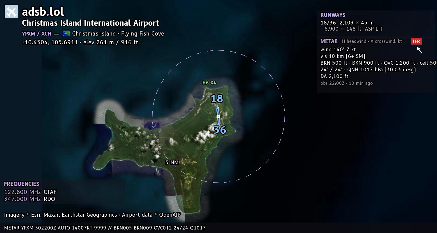 Satellite map with the runway layout of Christmas Island International Airport (YPXM)