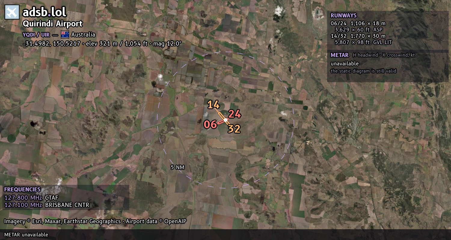 Satellite map with the runway layout of Quirindi Airport (YQDI)