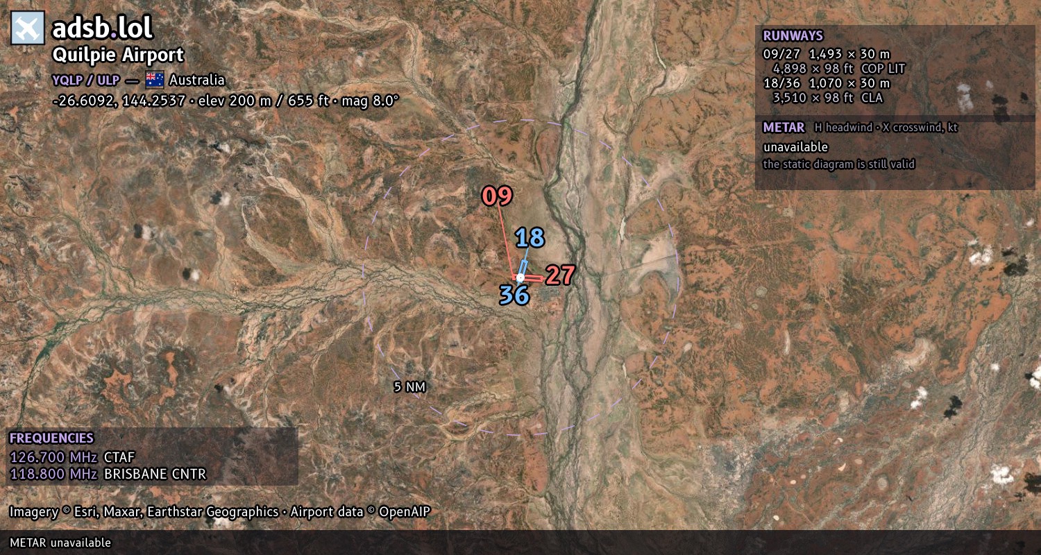Satellite map with the runway layout of Quilpie Airport (YQLP)