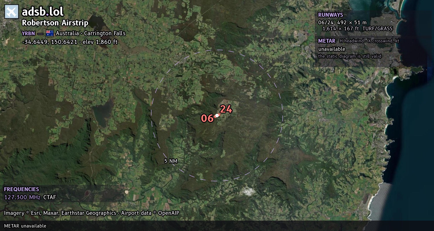Satellite map with the runway layout of Robertson Airstrip (YRBN)