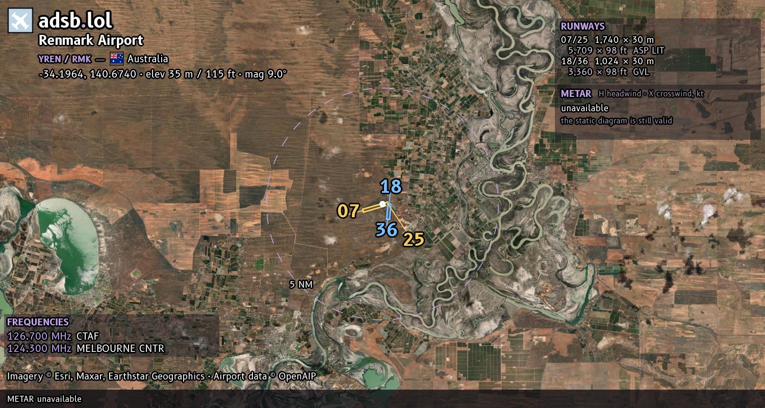 Satellite map with the runway layout of Renmark Airport (YREN)