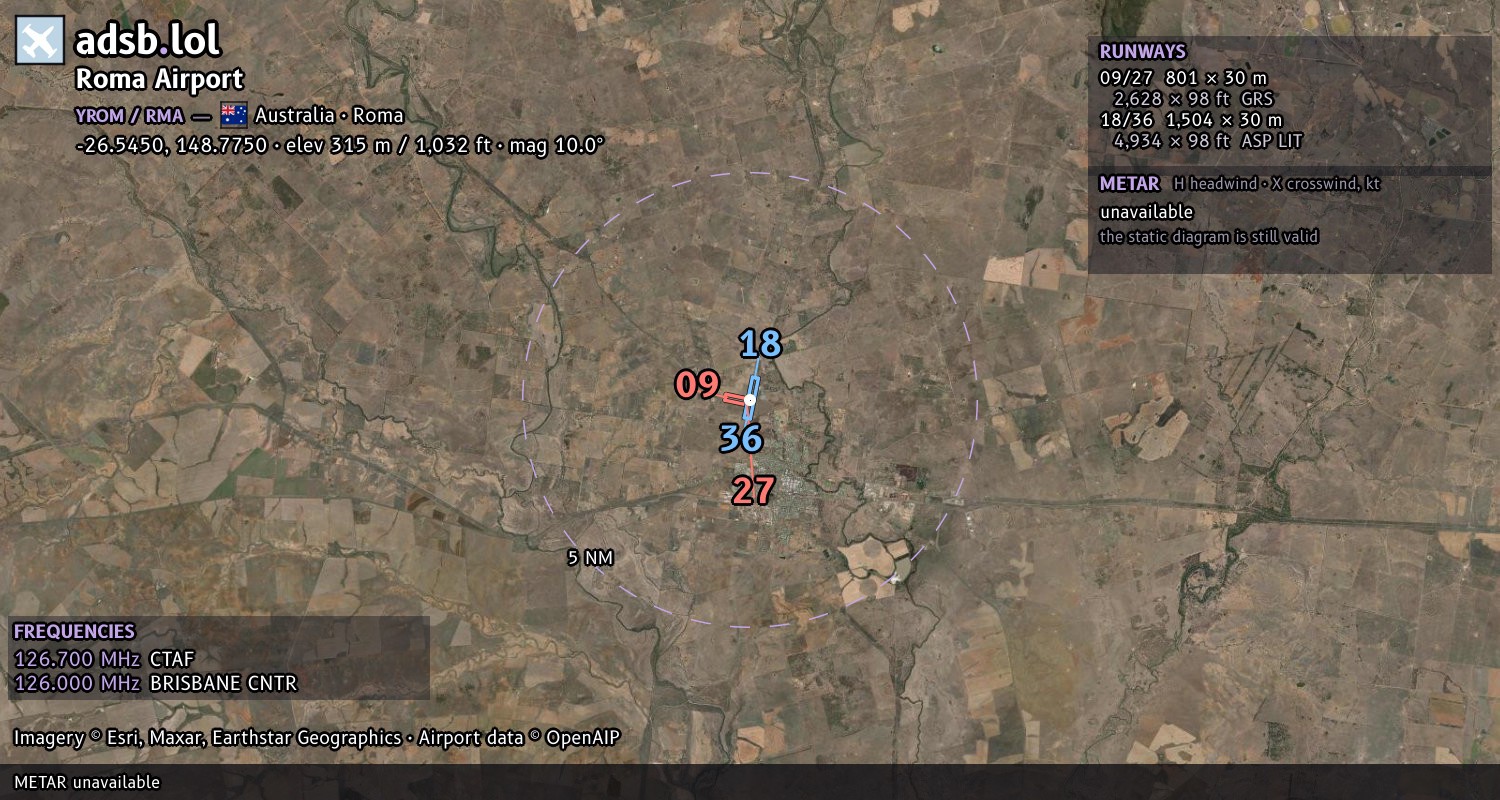 Satellite map with the runway layout of Roma Airport (YROM)