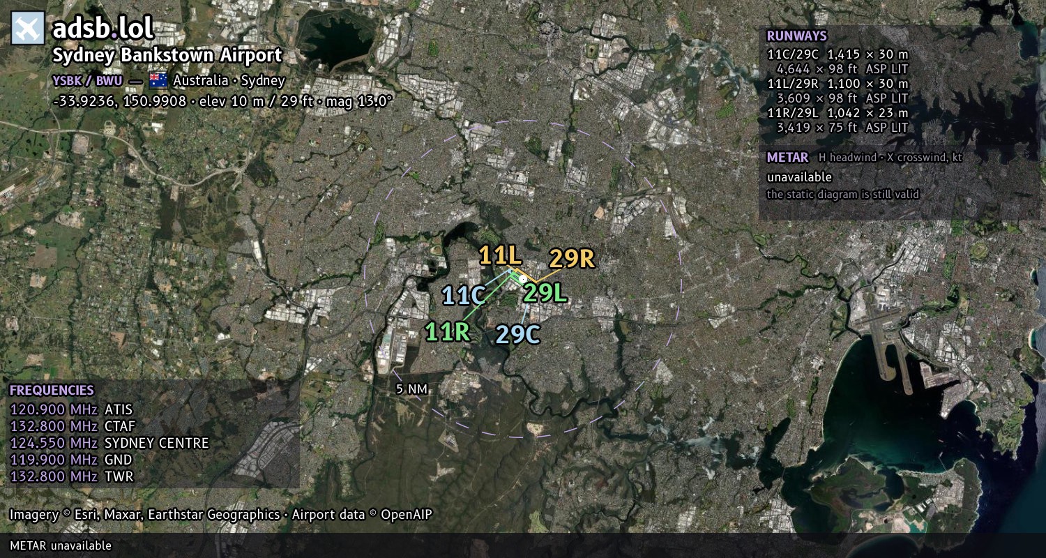 Satellite map with the runway layout of Sydney Bankstown Airport (YSBK)