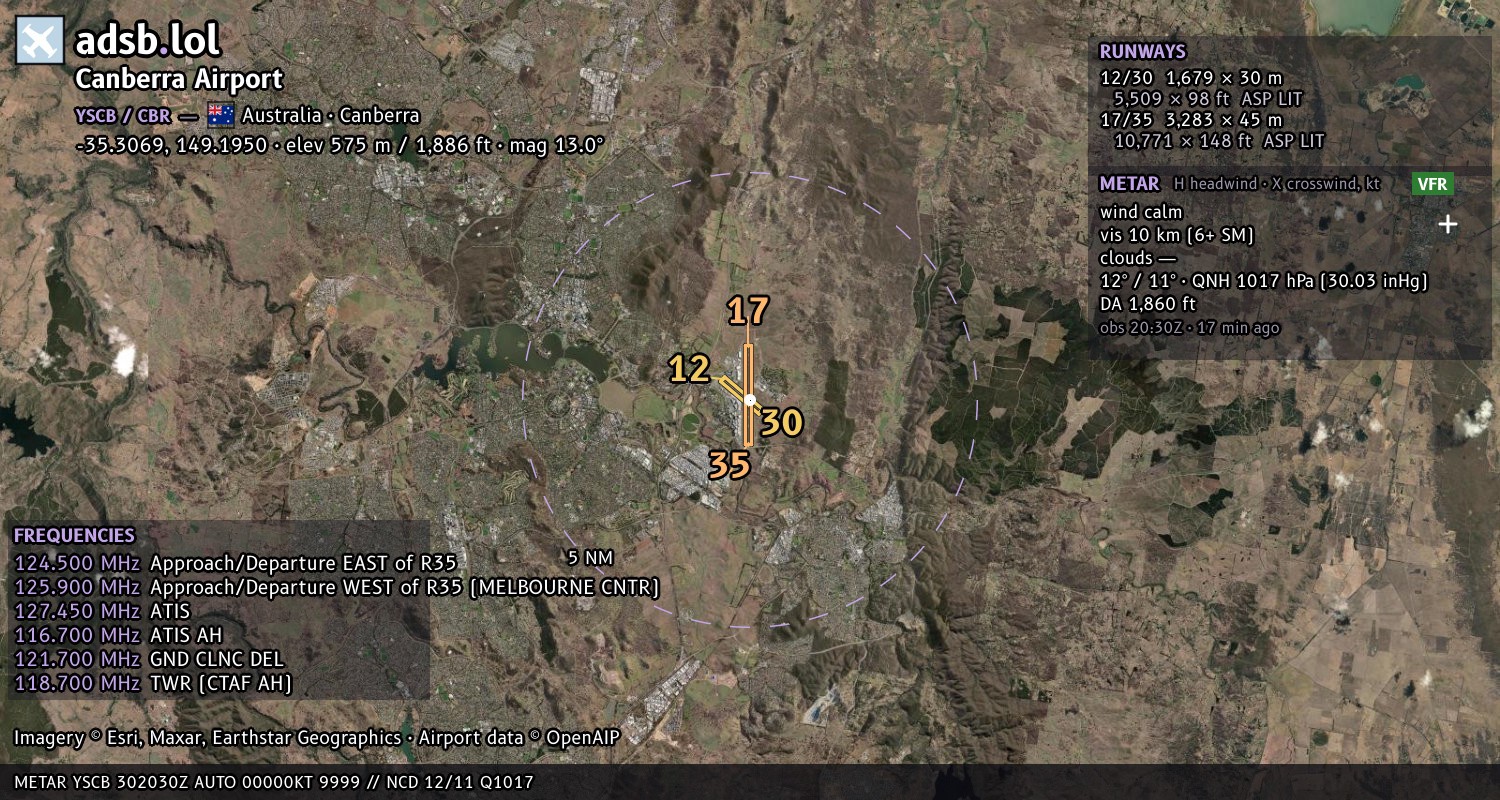 Satellite map with the runway layout of Canberra Airport (YSCB)
