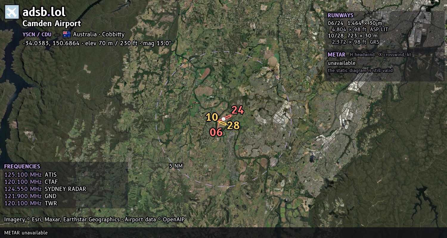 Satellite map with the runway layout of Camden Airport (YSCN)