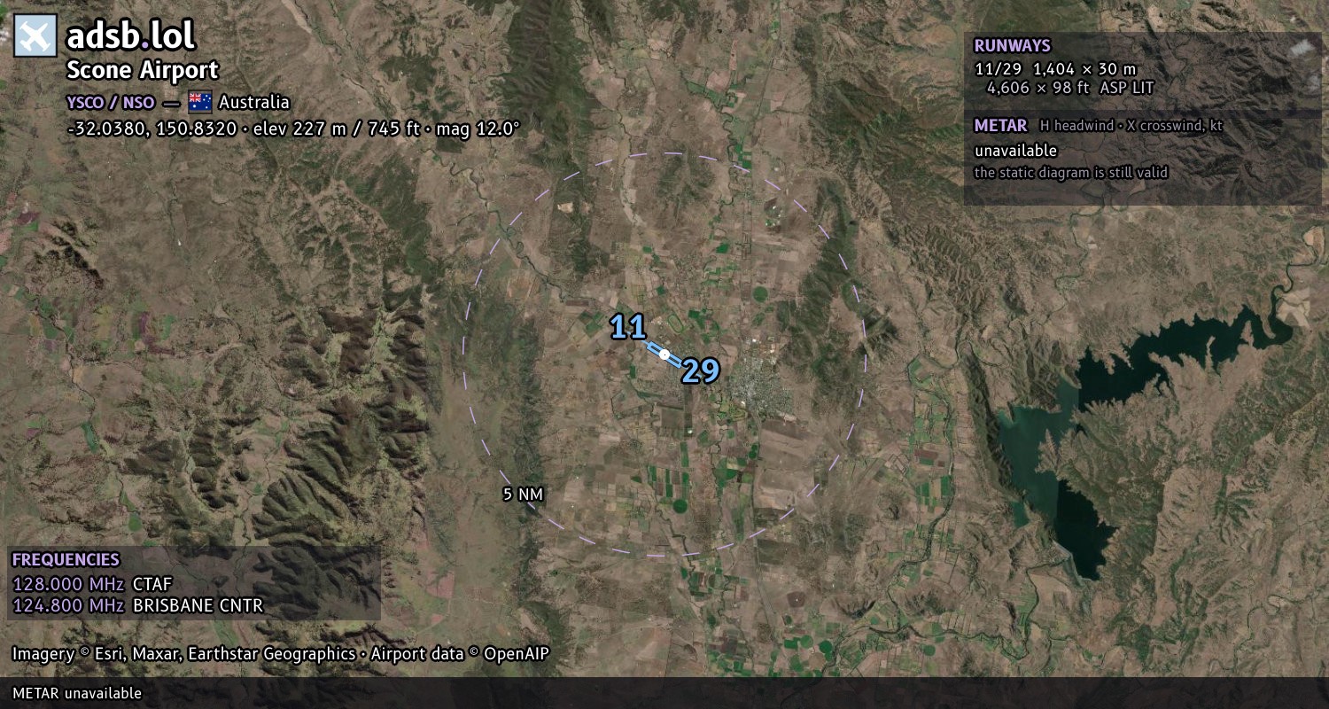 Satellite map with the runway layout of Scone Airport (YSCO)