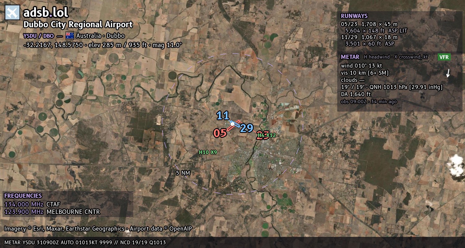 Satellite map with the runway layout of Dubbo City Regional Airport (YSDU)