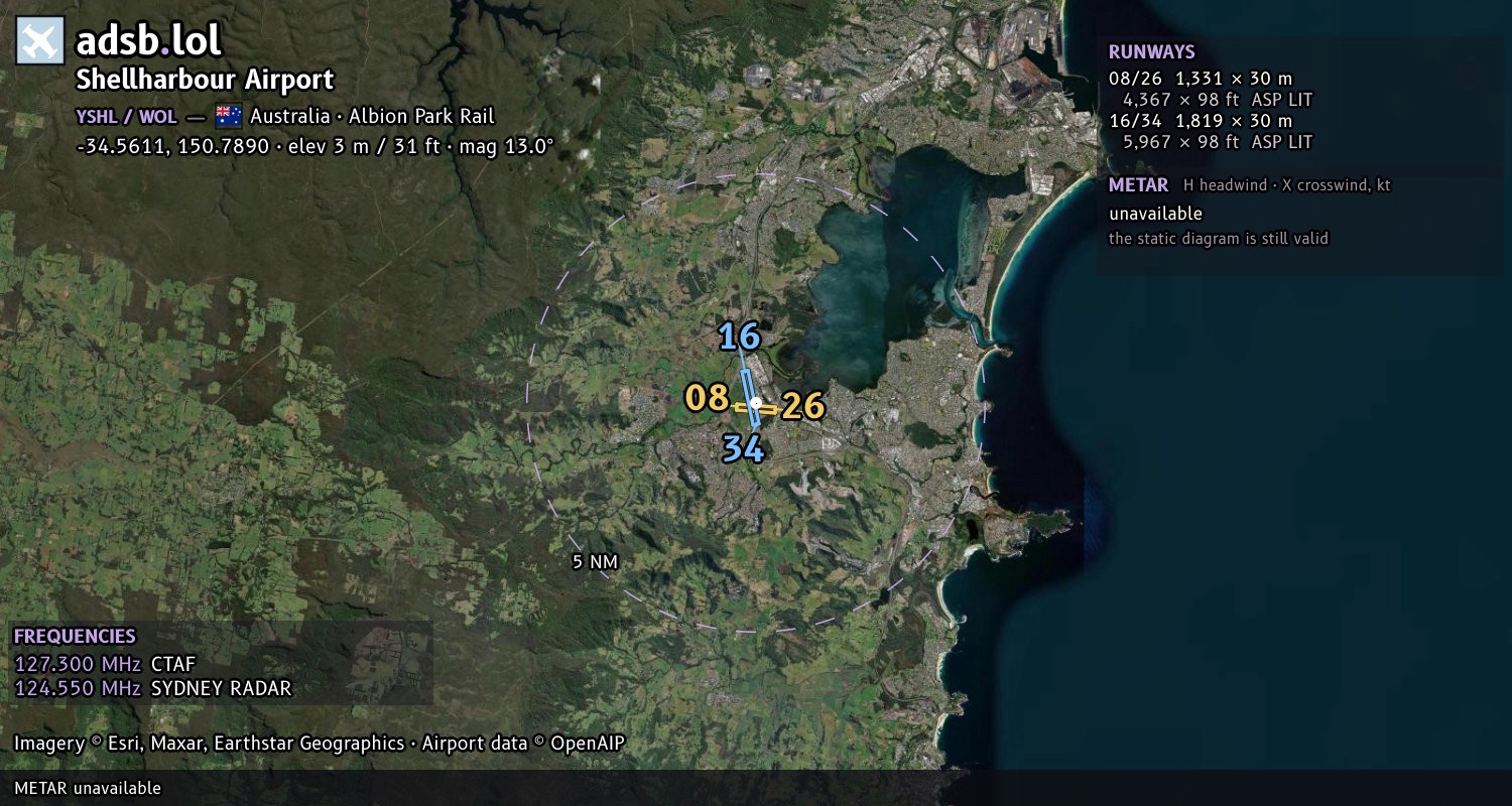 Satellite map with the runway layout of Shellharbour Airport (YSHL)