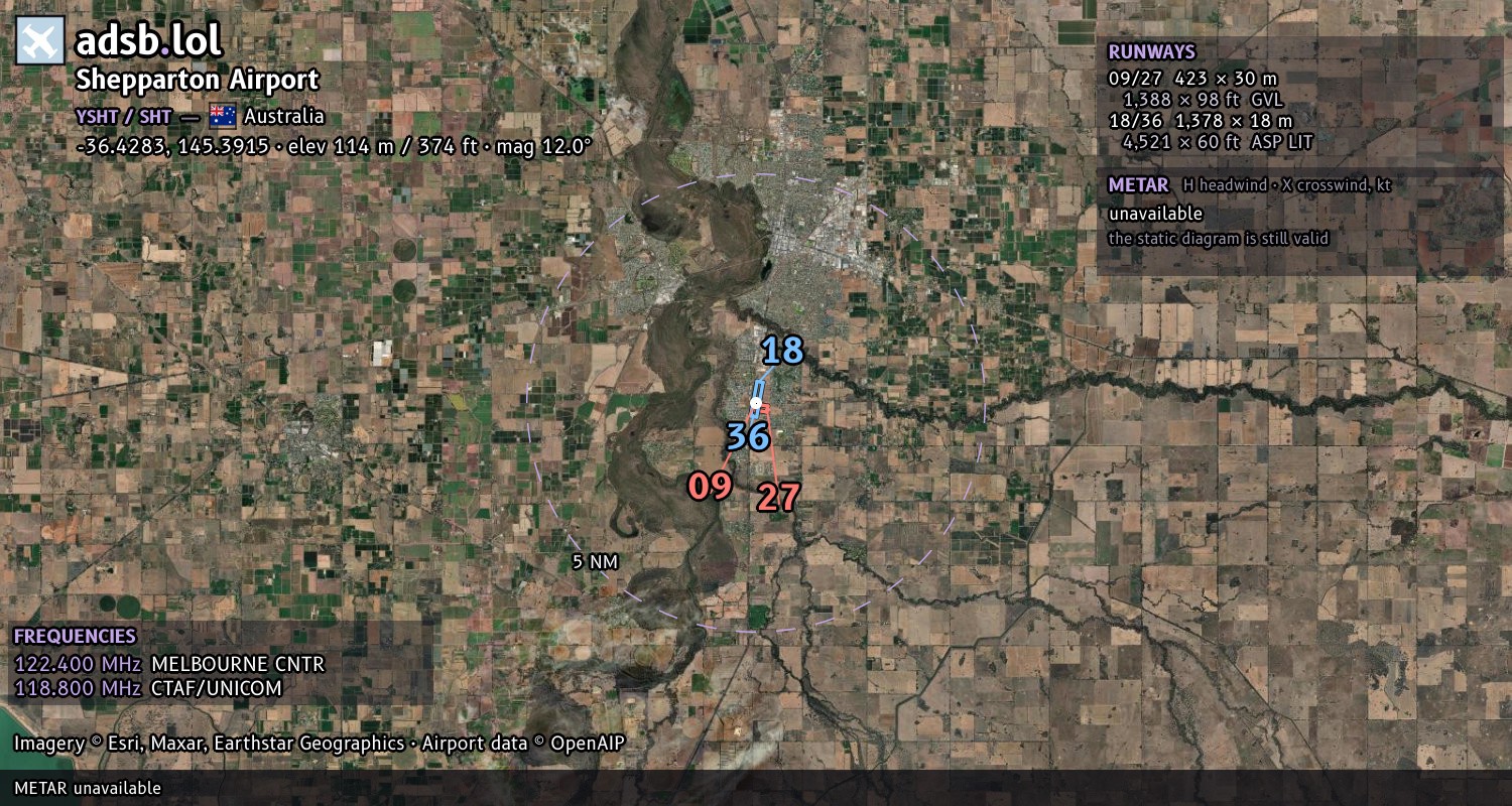 Satellite map with the runway layout of Shepparton Airport (YSHT)