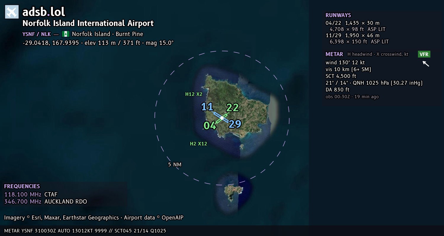 Satellite map with the runway layout of Norfolk Island International Airport (YSNF)