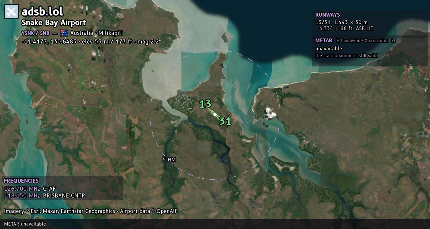 Satellite map with the runway layout of Snake Bay Airport (YSNK)