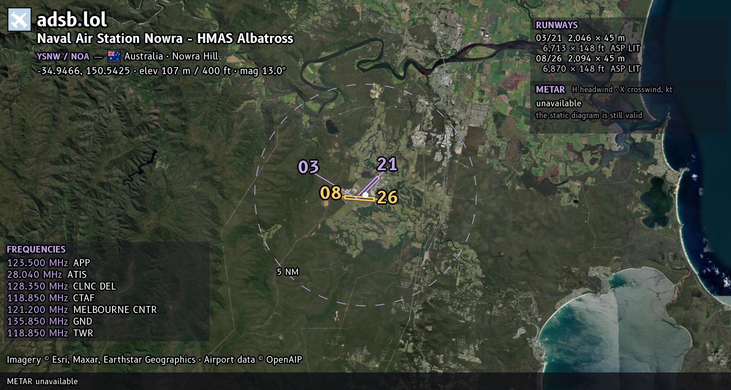 Satellite map with the runway layout of Naval Air Station Nowra - HMAS Albatross (YSNW)