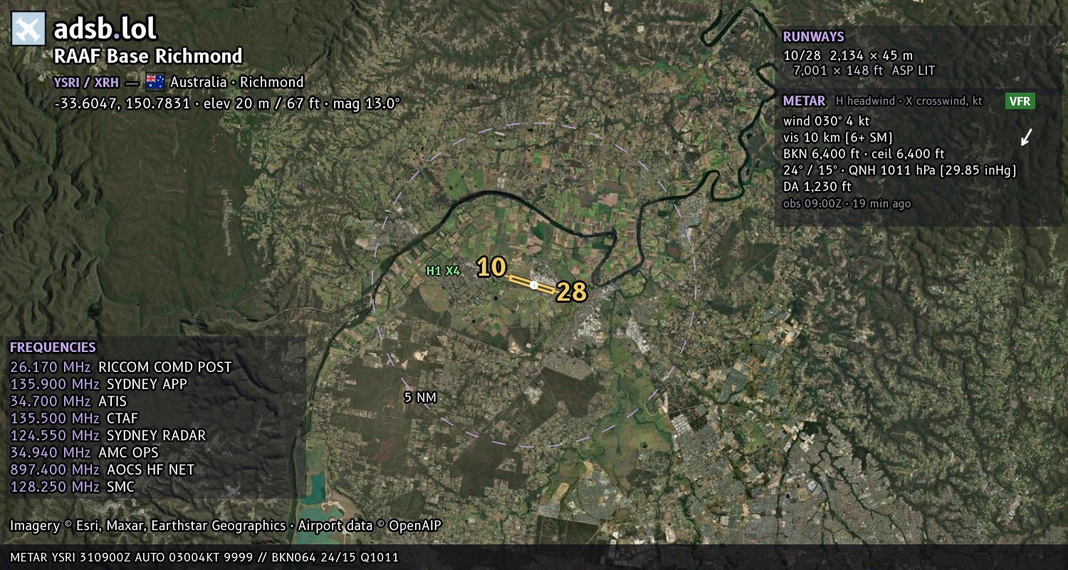 Satellite map with the runway layout of RAAF Base Richmond (YSRI)