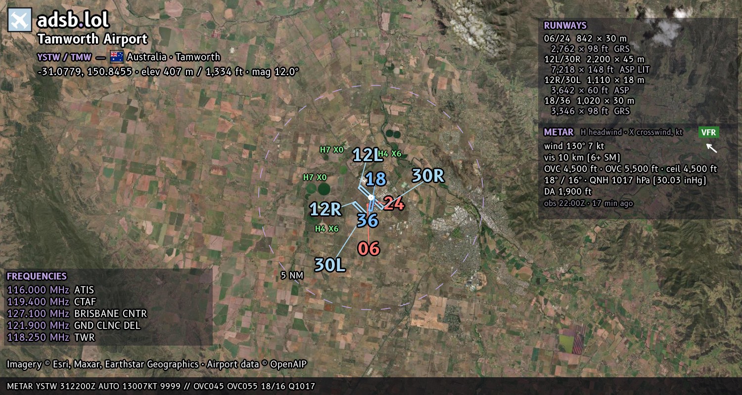 Satellite map with the runway layout of Tamworth Airport (YSTW)