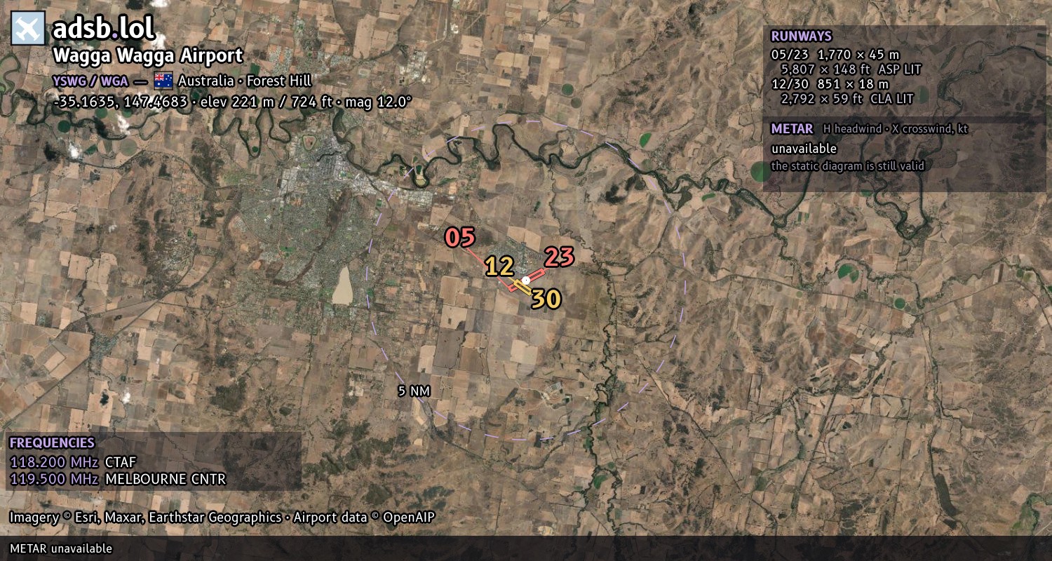 Satellite map with the runway layout of Wagga Wagga Airport (YSWG)