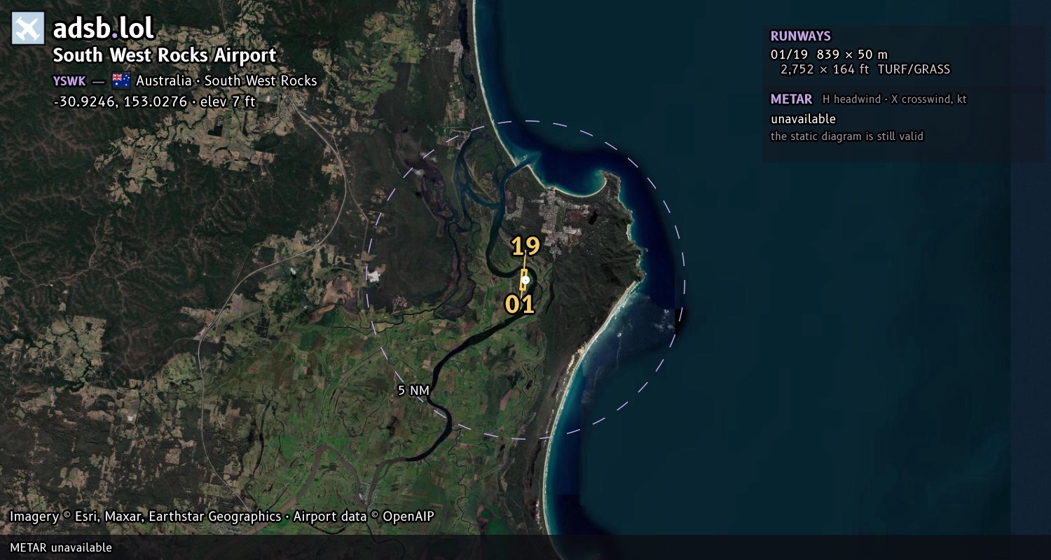 Satellite map with the runway layout of South West Rocks Airport (YSWK)