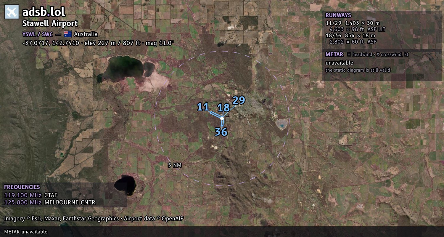 Satellite map with the runway layout of Stawell Airport (YSWL)