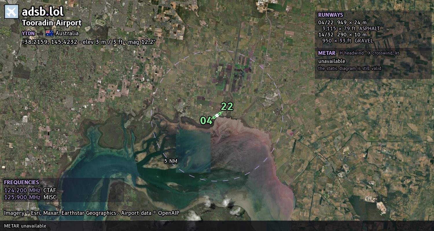 Satellite map with the runway layout of Tooradin Airport (YTDN)
