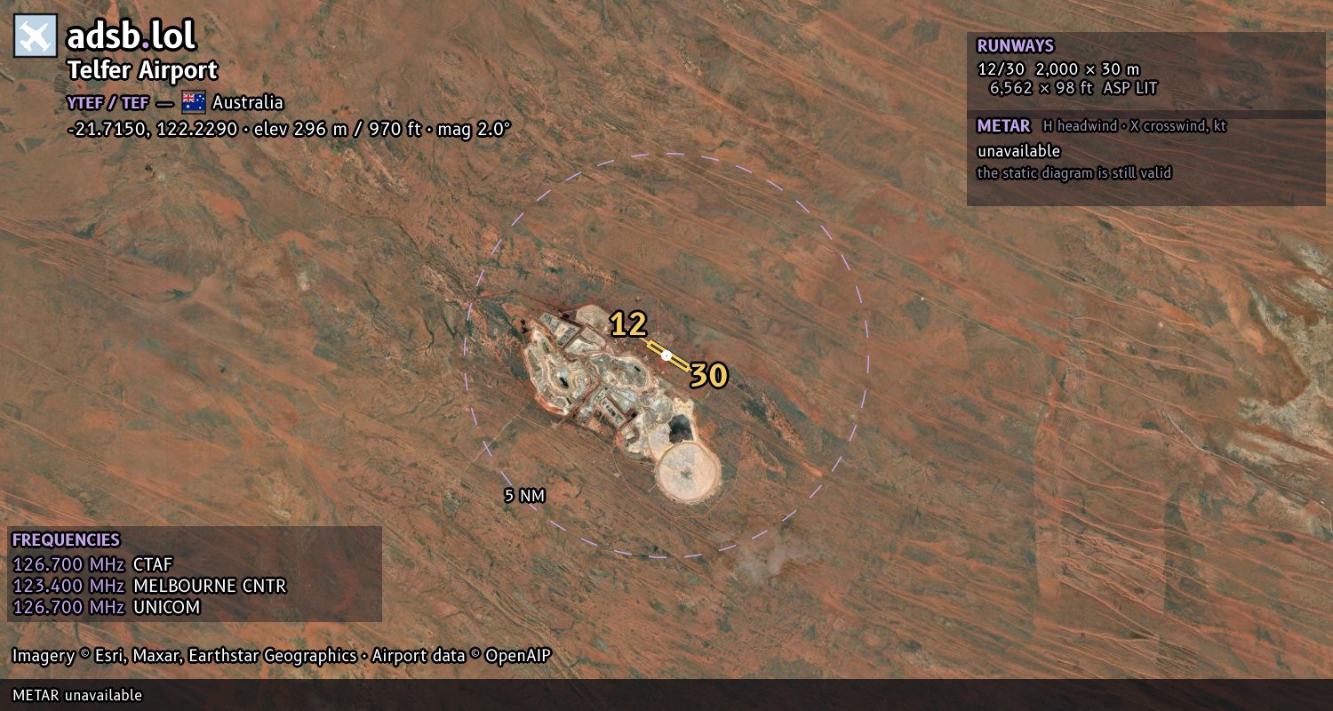 Satellite map with the runway layout of Telfer Airport (YTEF)