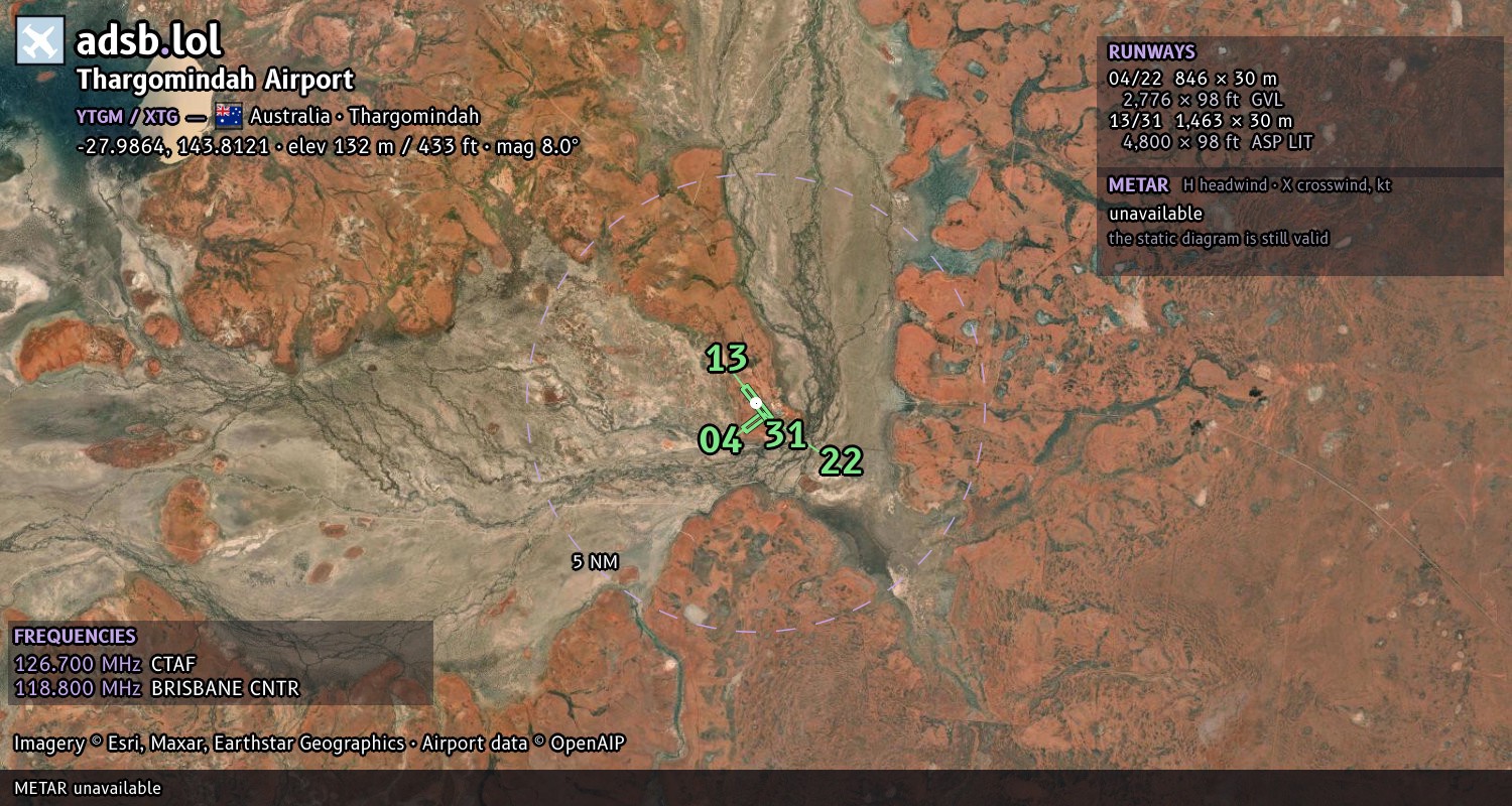 Satellite map with the runway layout of Thargomindah Airport (YTGM)
