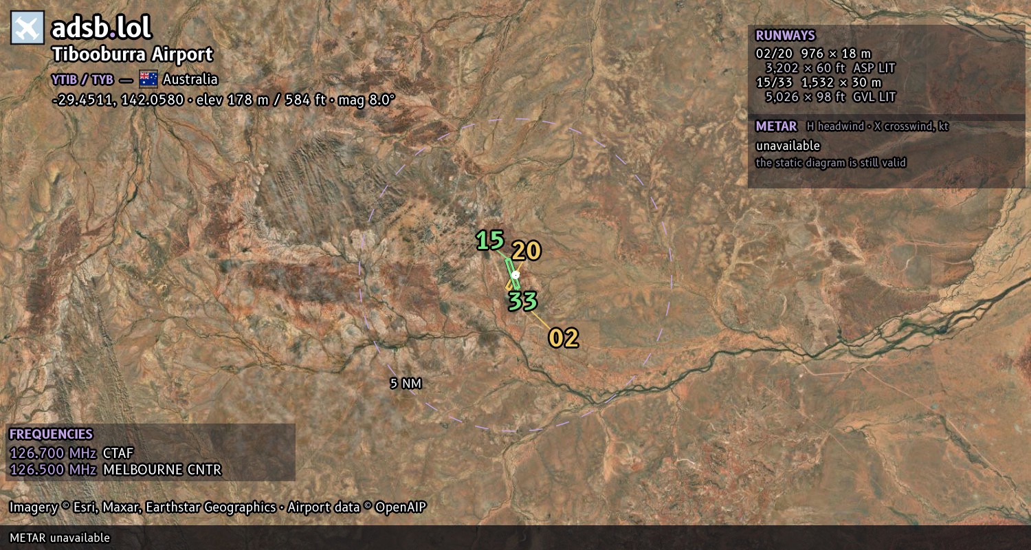 Satellite map with the runway layout of Tibooburra Airport (YTIB)