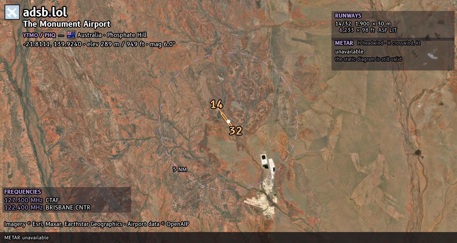 Satellite map with the runway layout of The Monument Airport (YTMO)
