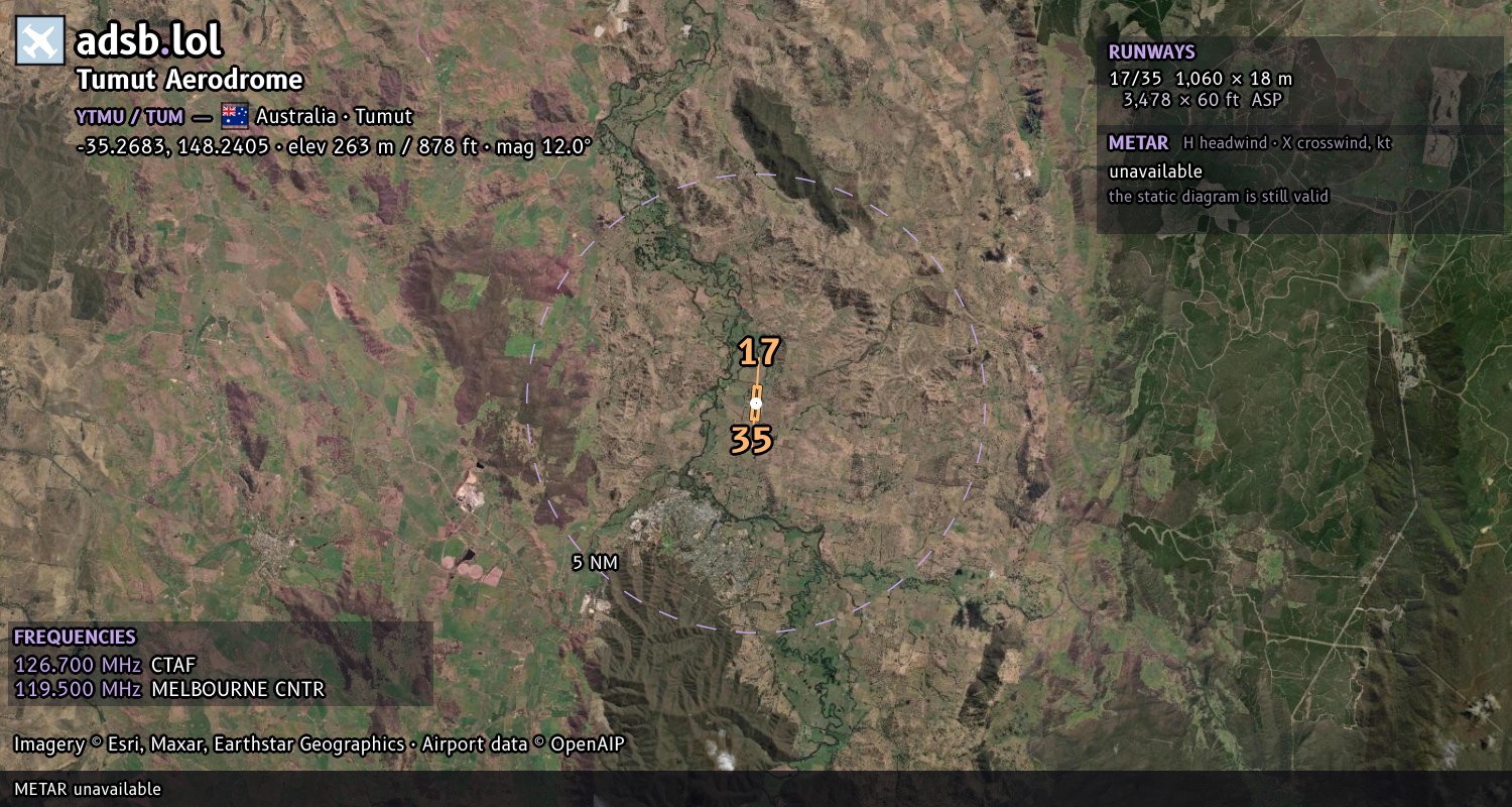Satellite map with the runway layout of Tumut Aerodrome (YTMU)