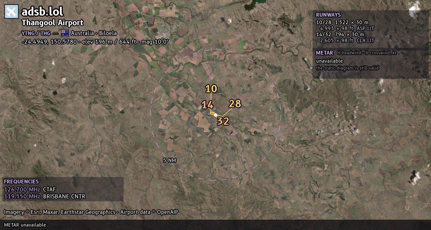 Satellite map with the runway layout of Thangool Airport (YTNG)