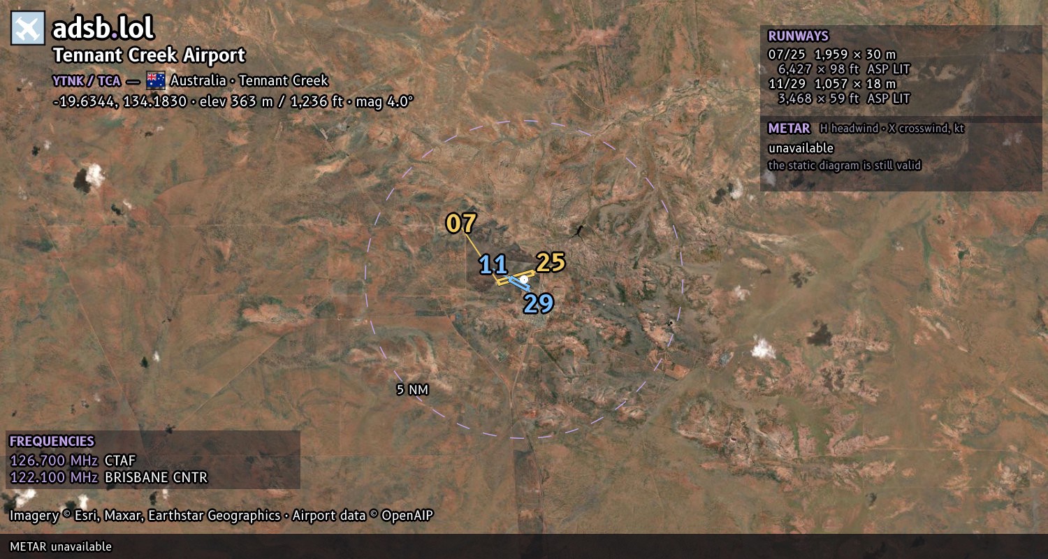 Satellite map with the runway layout of Tennant Creek Airport (YTNK)